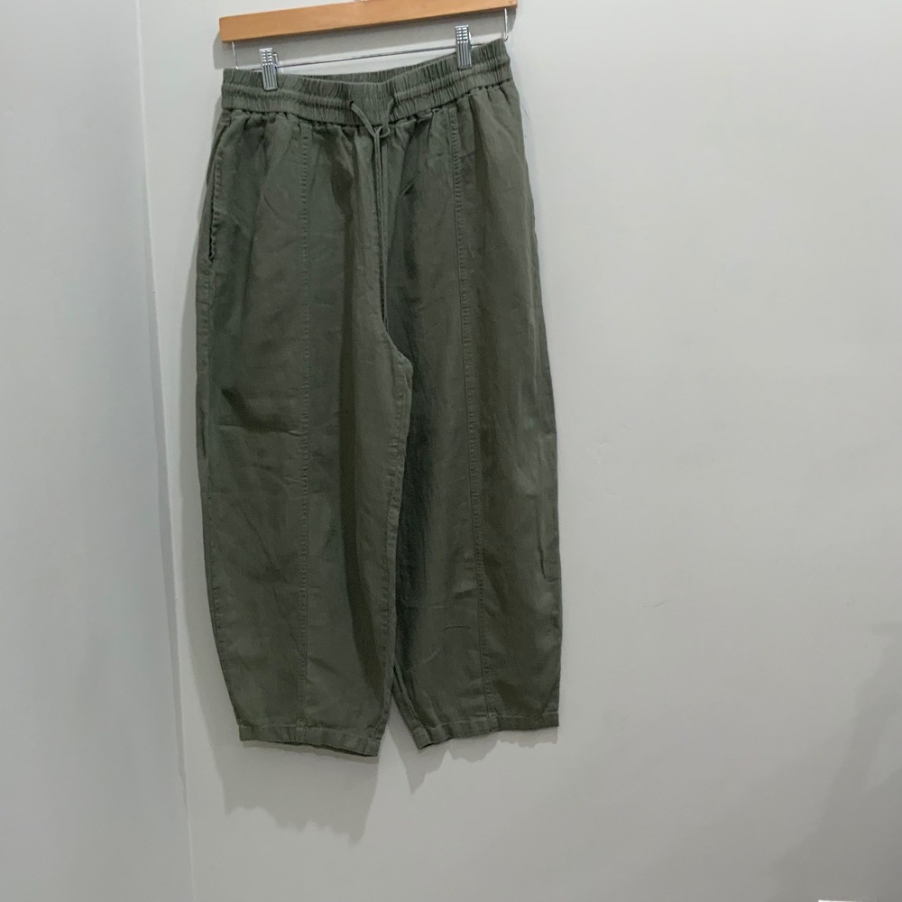 Zara Olive Green Linen Blend Drawstring Wide Leg Cropped Pants Large 4387/162
